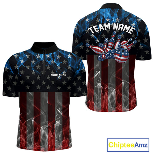 Custom Red And Blue Flame American Flag Patriotic Bowling Men Quarter-Zip Shirts, Team Uniform IPHW9715