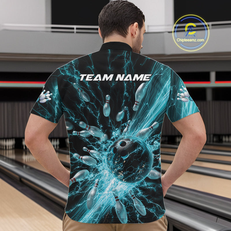 Custom Blue Thunder Lightning Bowling Team Men Quarter-Zip Shirts, Bowling Jerseys IPHW9742