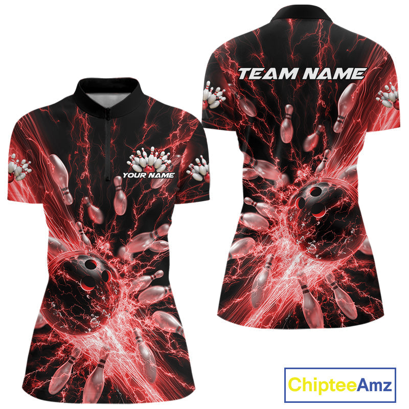 Custom Red Thunder Lightning Bowling Team Women Quarter-Zip Shirts, Bowling Jerseys IPHW9743