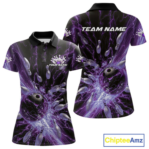Custom Purple Thunder Lightning Bowling Team Women Polo Shirts, Bowling Jerseys IPHW9744
