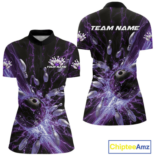 Custom Purple Thunder Lightning Bowling Team Women Quarter-Zip Shirts, Bowling Jerseys IPHW9744