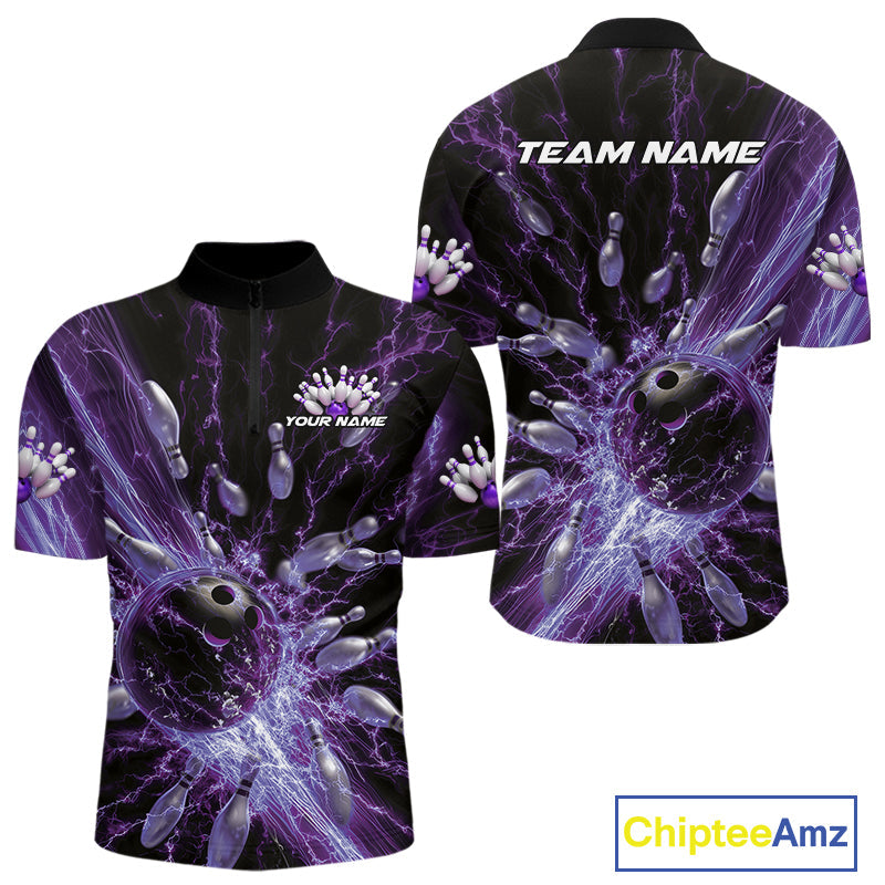 Custom Purple Thunder Lightning Bowling Team Men Quarter-Zip Shirts, Bowling Jerseys IPHW9744