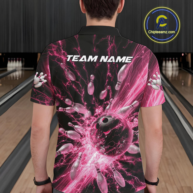 Custom Pink Thunder Lightning Bowling Team Men Polo Shirts, Bowling Jerseys IPHW9745