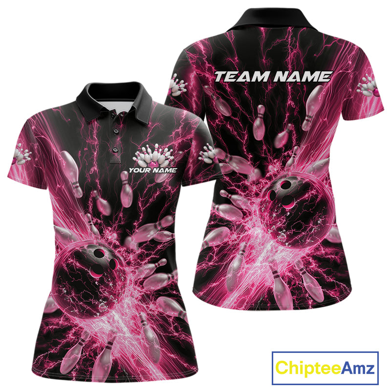 Custom Pink Thunder Lightning Bowling Team Women Polo Shirts, Bowling Jerseys IPHW9745