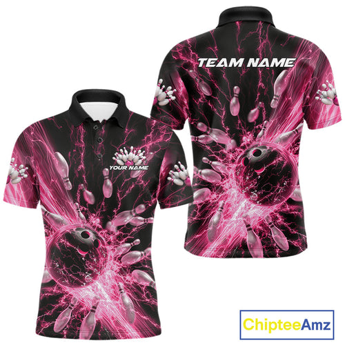 Custom Pink Thunder Lightning Bowling Team Men Polo Shirts, Bowling Jerseys IPHW9745