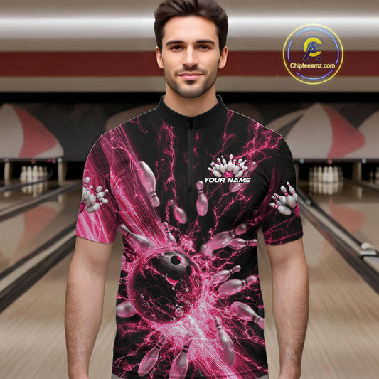 Custom Pink Thunder Lightning Bowling Team Men Quarter-Zip Shirts, Bowling Jerseys IPHW9745