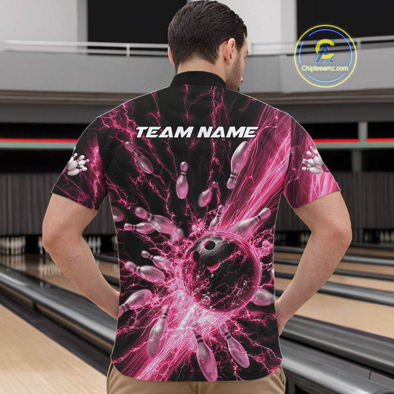 Custom Pink Thunder Lightning Bowling Team Men Quarter-Zip Shirts, Bowling Jerseys IPHW9745