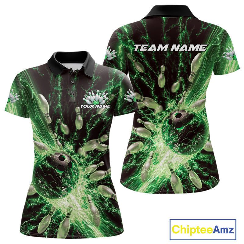 Custom Green Thunder Lightning Bowling Team Women Polo Shirts, Bowling Jerseys IPHW9746