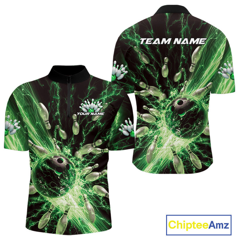 Custom Green Thunder Lightning Bowling Team Men Quarter-Zip Shirts, Bowling Jerseys IPHW9746