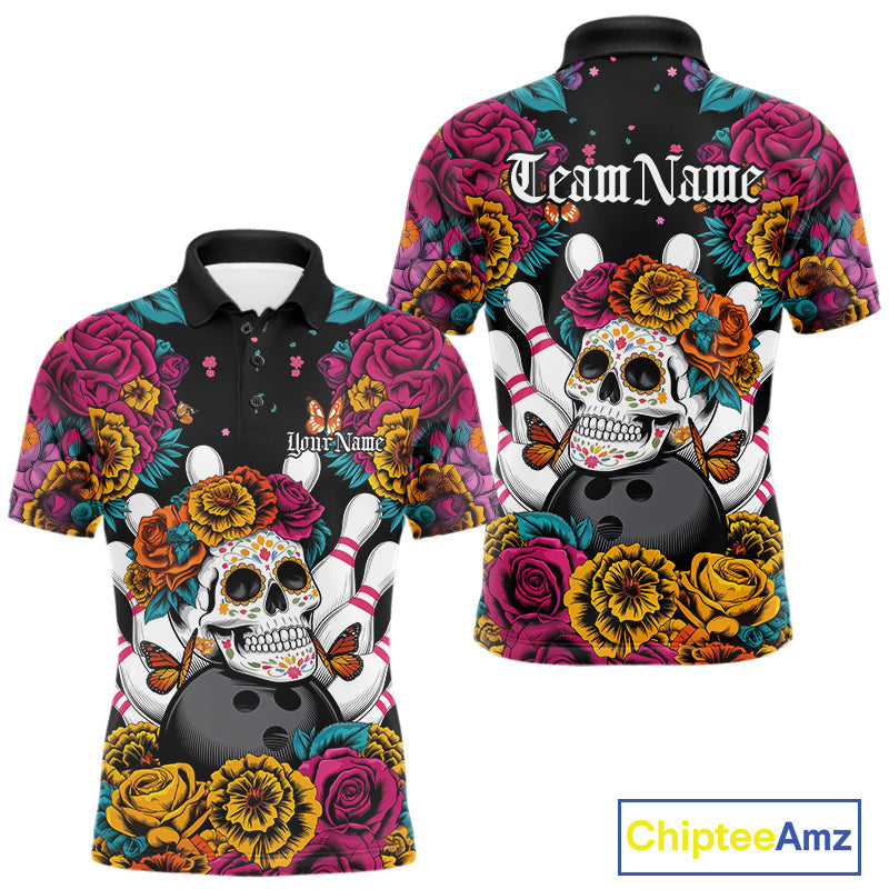 Custom Flower Sugar Skull Bowling Team Polo Shirts For Men, Halloween Bowler Outfit IPHW9749