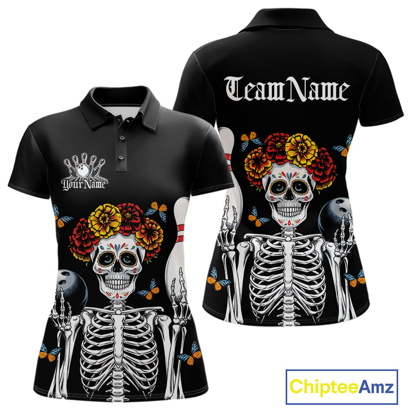 Custom Sugar Skull Bowling Team Women Polo Shirts, Funny Halloween Bowling Outfit IPHW9752