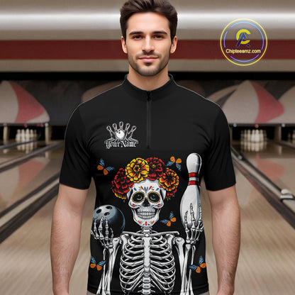 Custom Sugar Skull Bowling Team Men Quarter-Zip Shirts, Funny Halloween Bowling Outfit IPHW9752