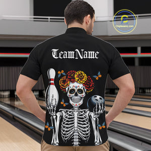 Custom Sugar Skull Bowling Team Men Quarter-Zip Shirts, Funny Halloween Bowling Outfit IPHW9752