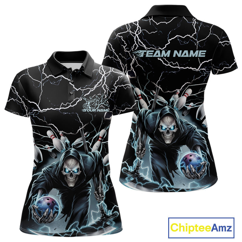 Custom Black And Blue Lightning Grim Reaper Bowling Women Polo Shirt, Halloween Outfit IPHW9801