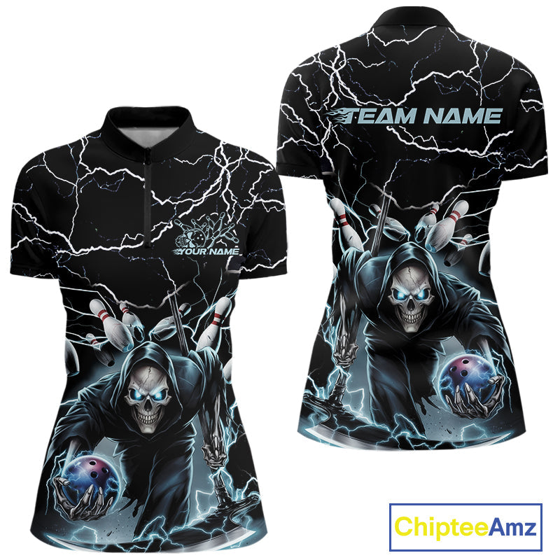 Custom Blue Lightning Grim Reaper Bowling Women Quarter-Zip Shirt, Halloween Outfit IPHW9801
