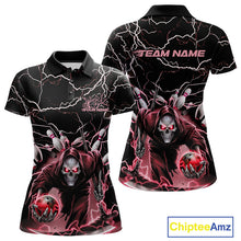 Load image into Gallery viewer, Custom Black And Red Lightning Grim Reaper Bowling Women Polo Shirt, Halloween Outfit IPHW9802