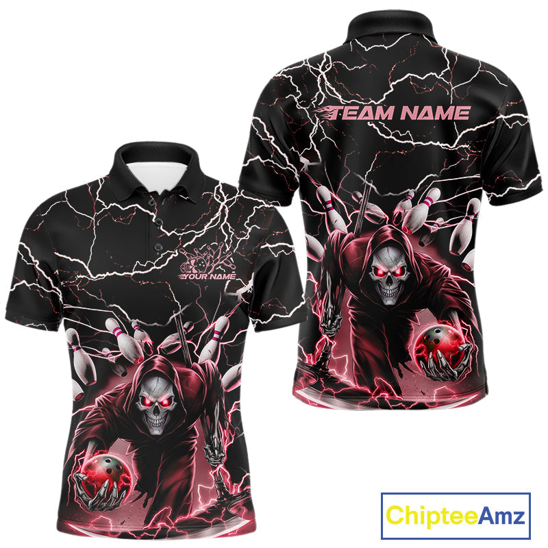 Custom Black And Red Lightning Grim Reaper Bowling Men Polo Shirt, Halloween Outfit IPHW9802