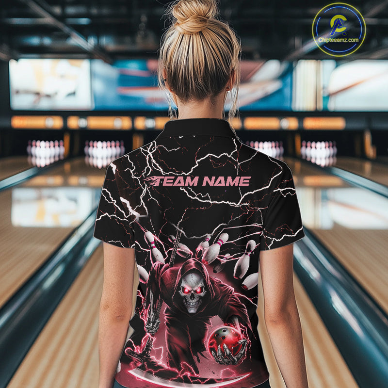 Custom Red Lightning Grim Reaper Bowling Women Quarter-Zip Shirt, Halloween Outfit IPHW9802