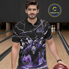 Load image into Gallery viewer, Custom Black And Purple Lightning Grim Reaper Bowling Men Polo Shirt, Halloween Outfit IPHW9803
