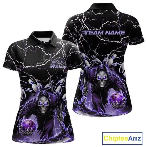 Custom Black And Purple Lightning Grim Reaper Bowling Women Polo Shirt, Halloween Outfit IPHW9803