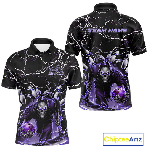 Custom Black And Purple Lightning Grim Reaper Bowling Men Polo Shirt, Halloween Outfit IPHW9803