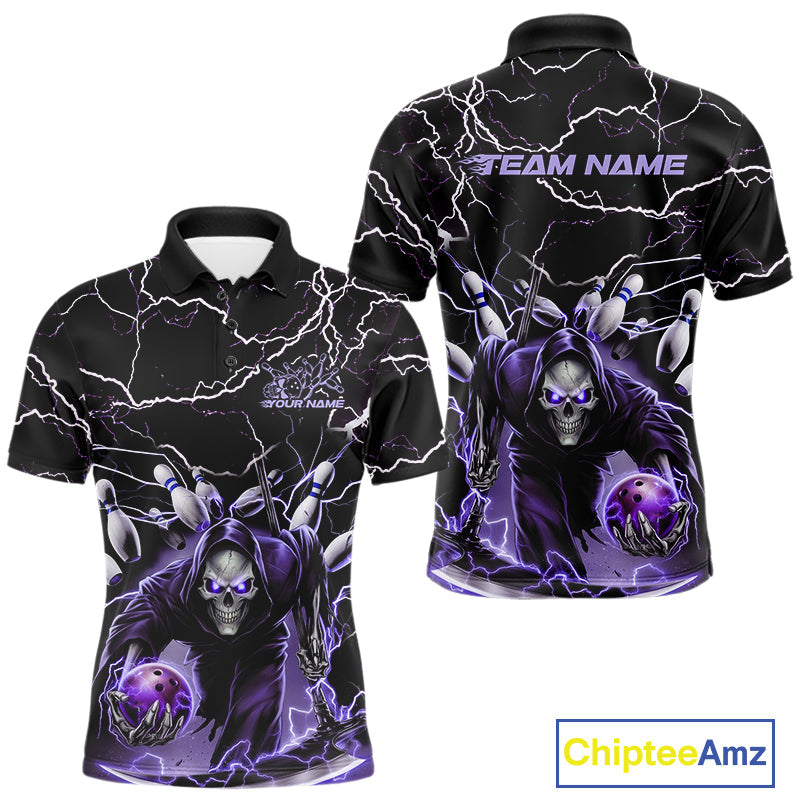 Custom Black And Purple Lightning Grim Reaper Bowling Men Polo Shirt, Halloween Outfit IPHW9803