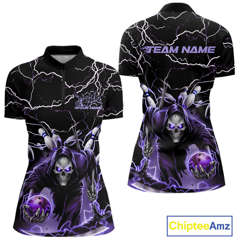 Custom Purple Lightning Grim Reaper Bowling Women Quarter-Zip Shirt, Halloween Outfit IPHW9803