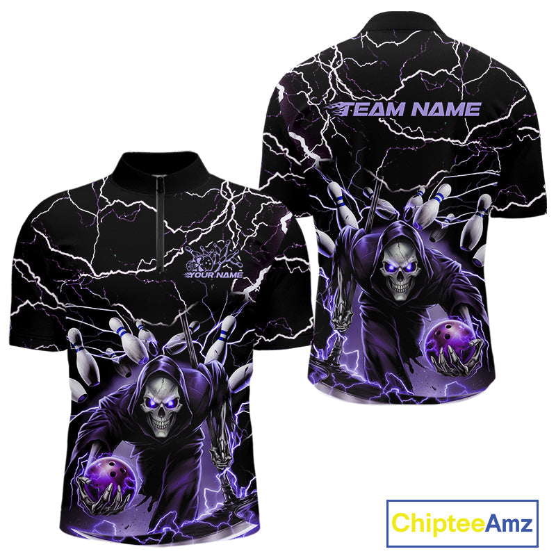 Custom Black And Purple Lightning Grim Reaper Bowling Men Quarter-Zip Shirt, Halloween Outfit IPHW9803
