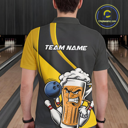Custom Grunge Yellow Funny Bowling And Beer Polo Shirts For Men, Bowling Team Uniform IPHW9608
