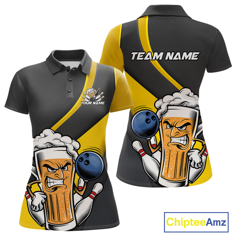 Custom Grunge Yellow Funny Bowling And Beer Polo Shirts For Women, Bowling Team Uniform IPHW9608