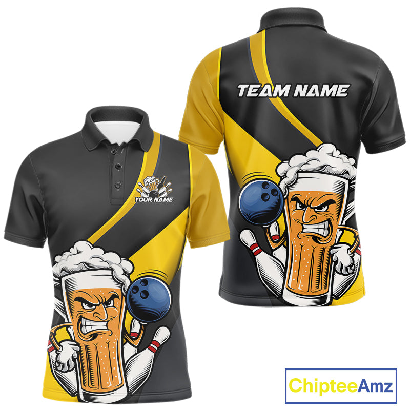 Custom Grunge Yellow Funny Bowling And Beer Polo Shirts For Men, Bowling Team Uniform IPHW9608