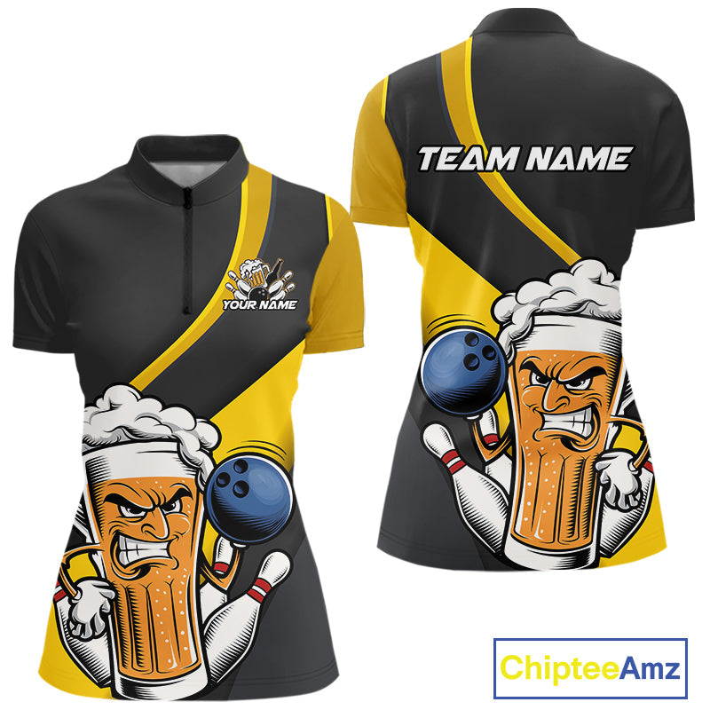 Custom Grunge Yellow Funny Bowling And Beer Women Quarter-Zip Shirt, Bowling Team Uniform IPHW9608
