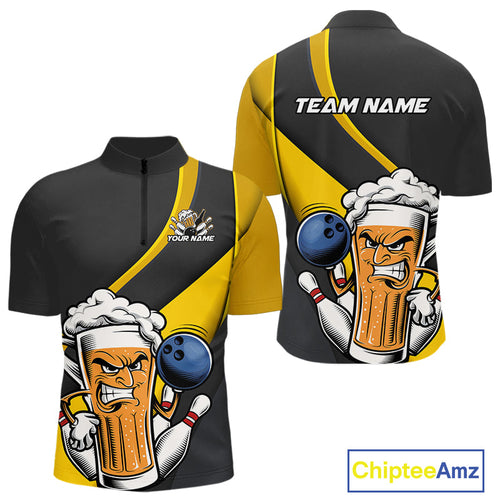 Custom Grunge Yellow Funny Bowling And Beer Quarter-Zip Shirts For Men, Bowling Team Uniform IPHW9608