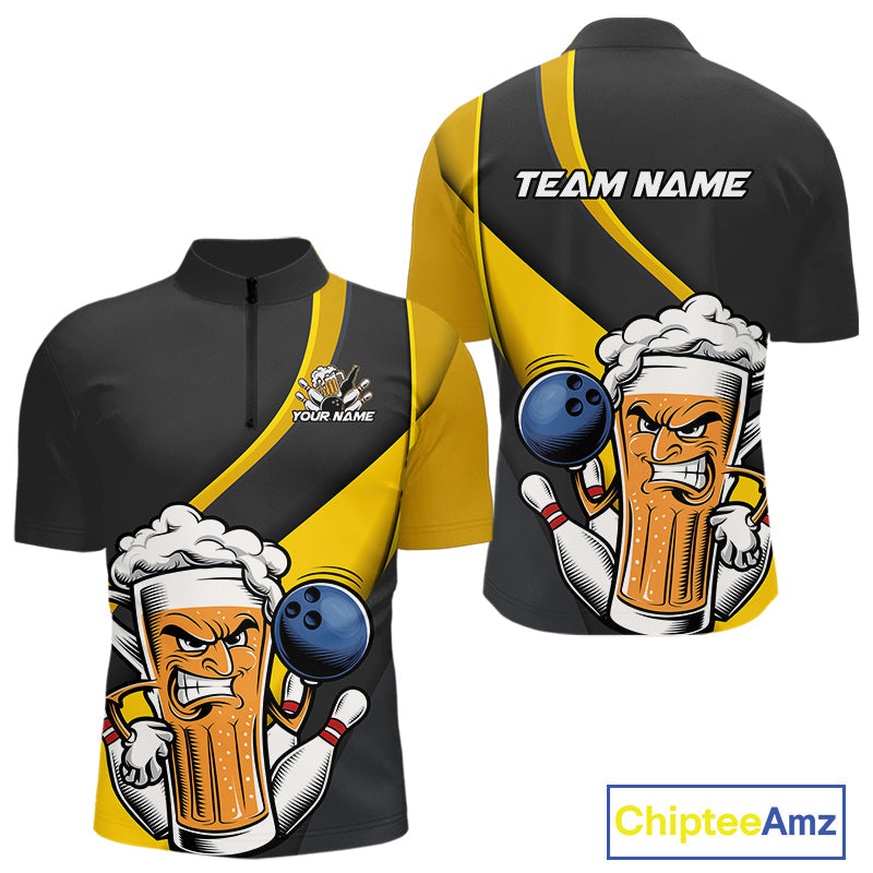 Custom Grunge Yellow Funny Bowling And Beer Quarter-Zip Shirts For Men, Bowling Team Uniform IPHW9608