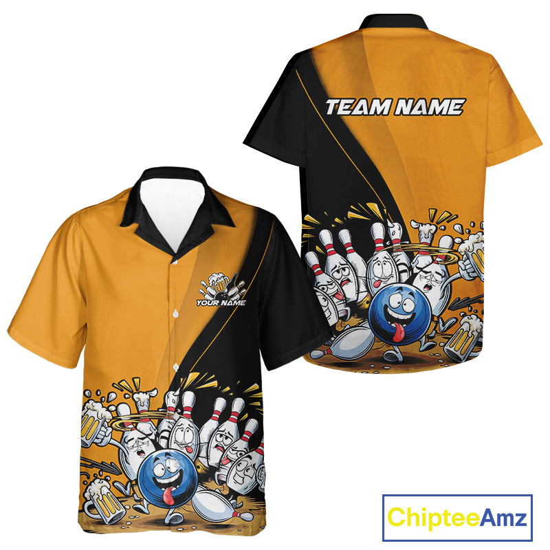Custom Yellow Funny Bowling Men And Women Hawaiian Shirts, Bowling And Beer Party Bowlers Outfit IPHW9610
