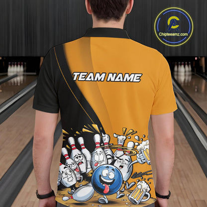 Custom Yellow Funny Bowling Men Polo Shirts, Bowling And Beer Party Bowlers Outfit IPHW9610
