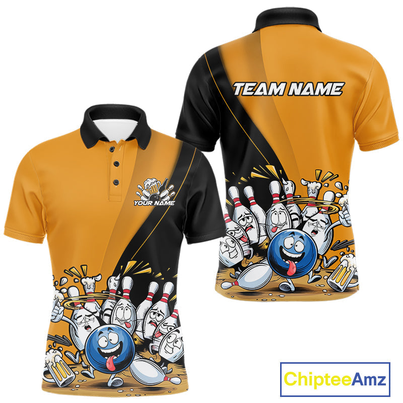Custom Yellow Funny Bowling Men Polo Shirts, Bowling And Beer Party Bowlers Outfit IPHW9610
