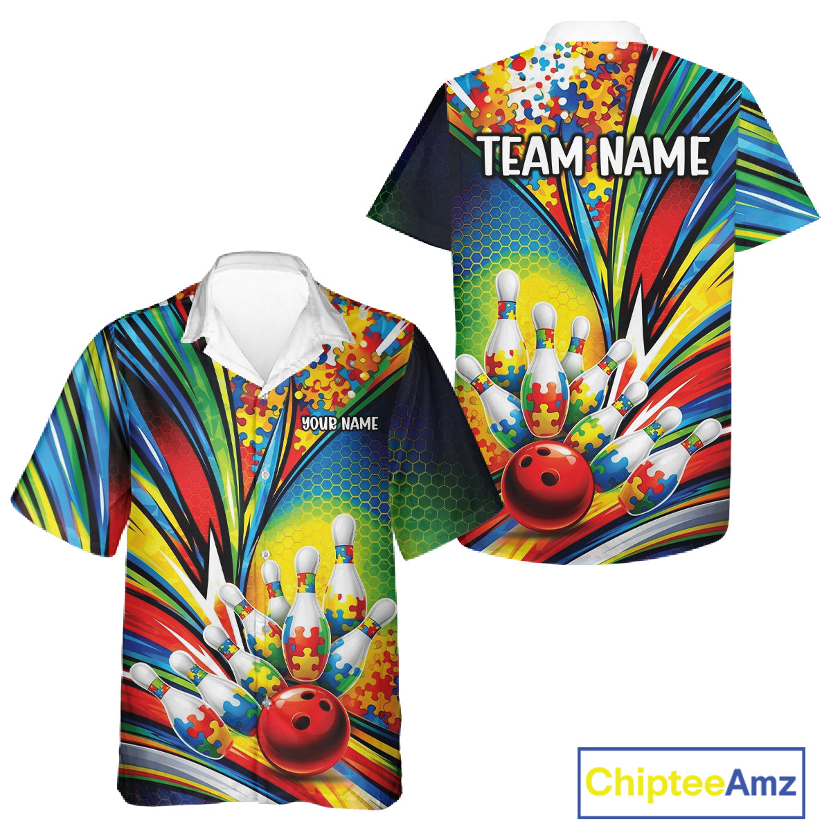 Button-up bowling shirt mockup featuring colorful autism bowling strike design with puzzle elements in a clean front and back presentation
