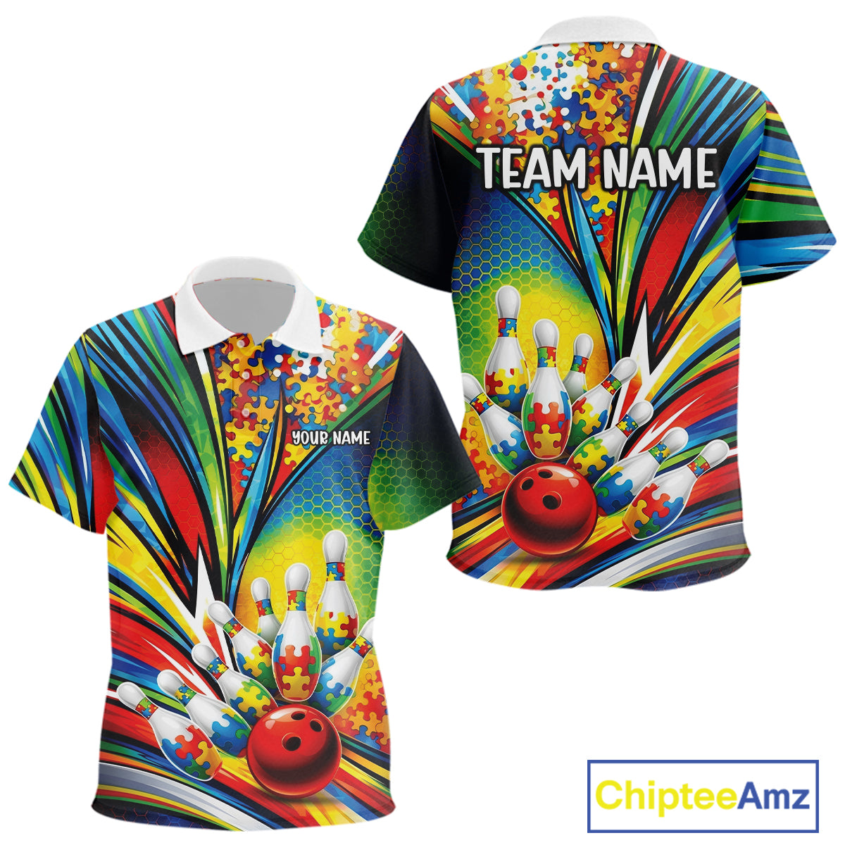 Kid polo shirt mockup front and back views featuring colorful autism-themed bowling strikes with vibrant puzzle-inspired artwork