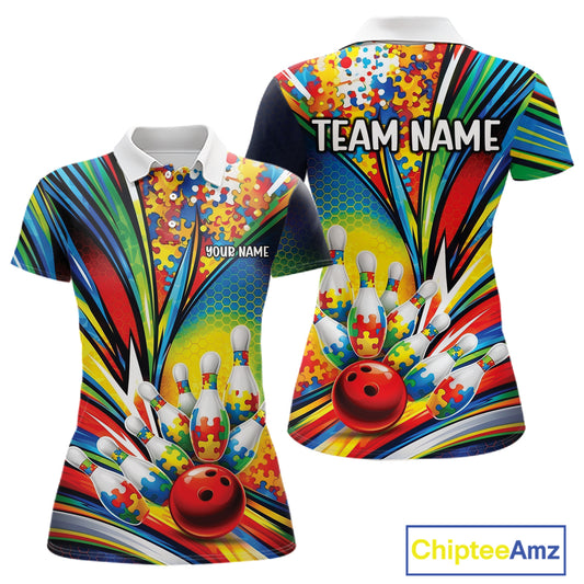 Women’s polo shirt mockup front and back showing autism bowling lane inspired design with colorful puzzle-themed graphics
