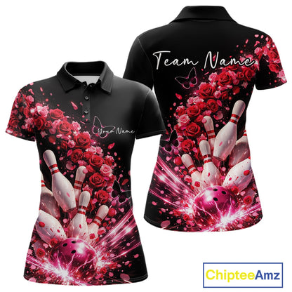Custom Red Roses And Butterfly Women Bowling Shirt, Flower Ladies Bowling League Shirt IPHW10884