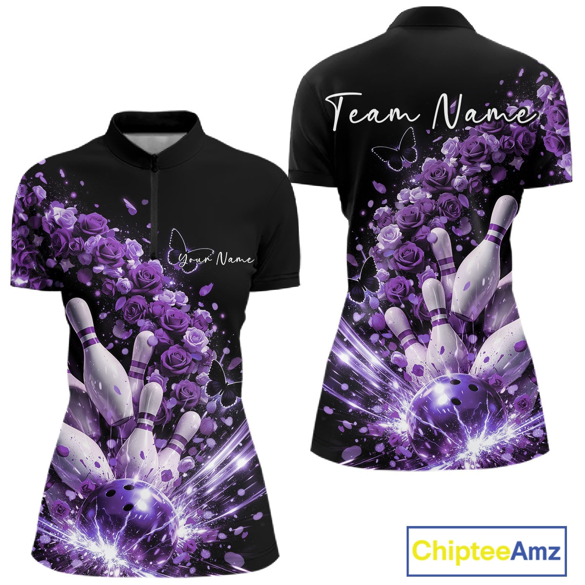 Custom Purple Roses And Butterfly Women Bowling Shirt, Flower Ladies Bowling Shirt IPHW10886