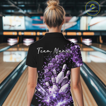 Custom Purple Roses And Butterfly Women Bowling Shirt, Flower Ladies Bowling Shirt IPHW10886