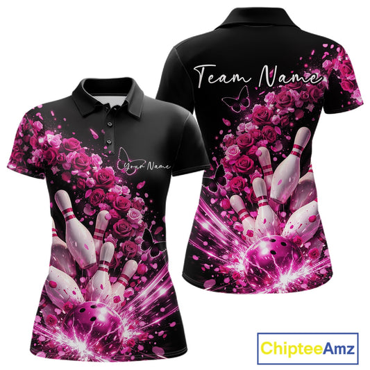 Custom Pink Roses And Butterfly Women Bowling Shirt, Flower Ladies Bowling League Shirt IPHW10887