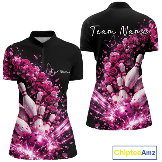 Custom Pink Roses And Butterfly Women Bowling Shirt, Flower Ladies Bowling League Shirt IPHW10887