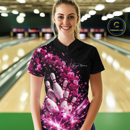 Custom Pink Roses And Butterfly Women Bowling Shirt, Flower Ladies Bowling League Shirt IPHW10887