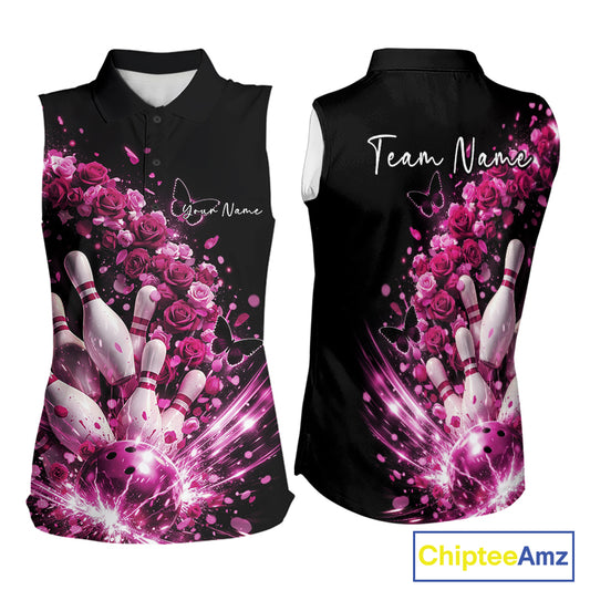 Custom Pink Roses And Butterfly Women Bowling Shirt, Flower Ladies Bowling League Shirt IPHW10887
