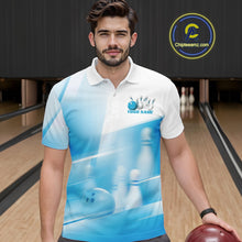 Load image into Gallery viewer, Front view of a male model at a bowling lane wearing a white and blue bowling polo shirt with bowling ball and pins geometric artwork.