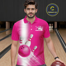 Load image into Gallery viewer, Male model front view in a bowling lane wearing a bowling polo shirt with bowling ball and pins flowing through a pink gradient layout.