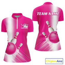 Load image into Gallery viewer, Front and back women’s bowling quarter zip mockup featuring bowling ball and pins artwork flowing through a pink gradient layout.